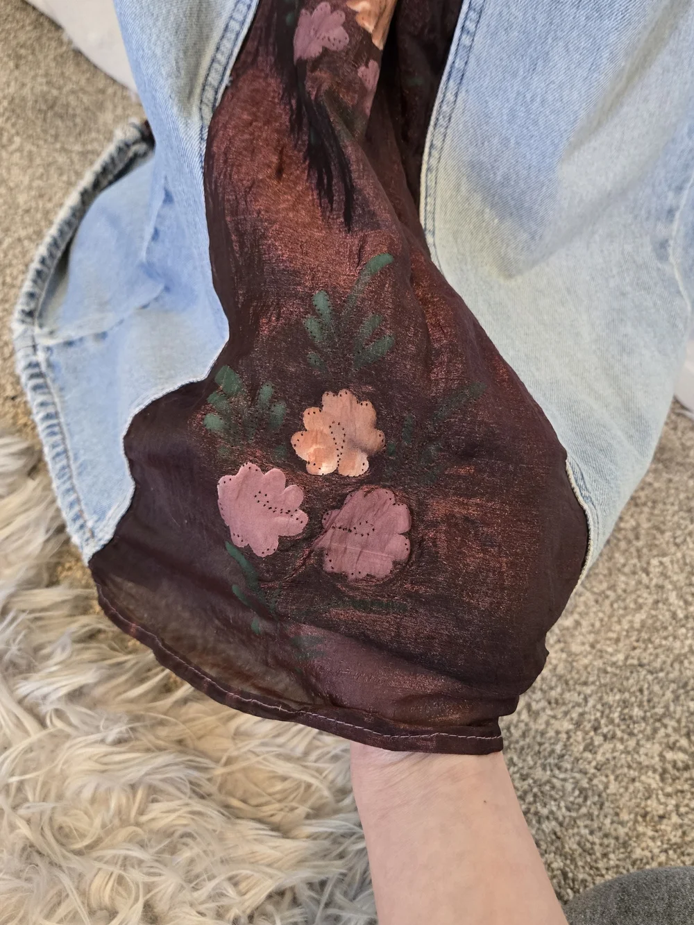 Vintage 90s American Eagle Light Wash Denim Maxi Skirt with Floral Panel - Picture 3 of 8